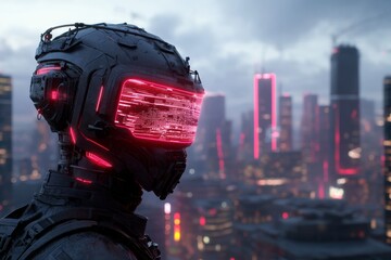Poster - Futuristic cyborg with neon visor standing against a glowing city skyline at dusk