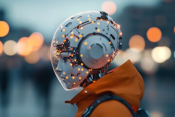 Poster - Futuristic robot with illuminated circuits in an urban setting during twilight hours