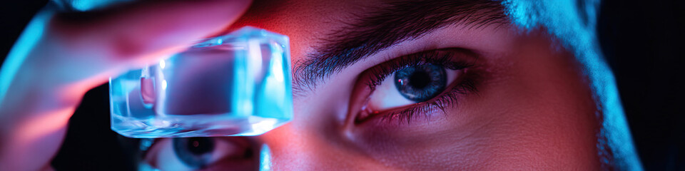 Poster - Close-up of Eye and Transparent Cube Under Neon Lighting