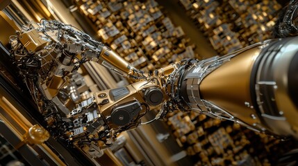 Aufkleber - A robot arm is shown in a gold color with a black and silver background