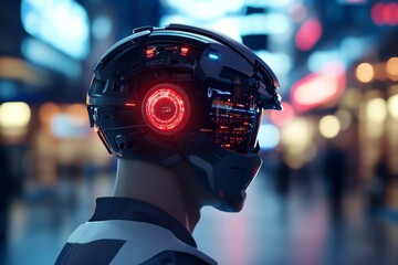 Poster - Futuristic robot with illuminated helmet stands in a bustling urban environment at night
