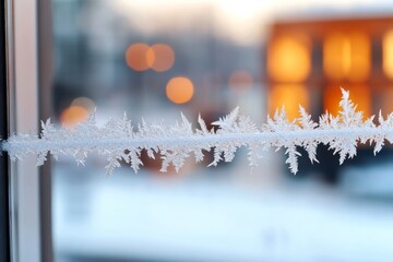 Poster - Frost patterns delicately form along the window pane during a cold winter evening in a cozy urban setting