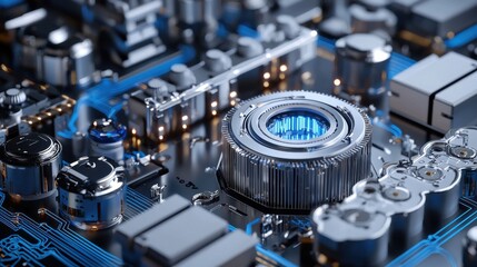 Poster - A close up of a computer chip with a blue and silver color scheme