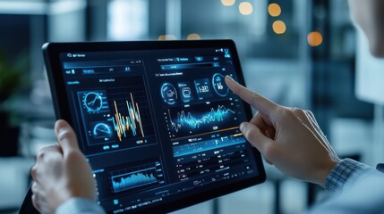 Leinwandbilder - A person is pointing at a tablet displaying various graphs and numbers