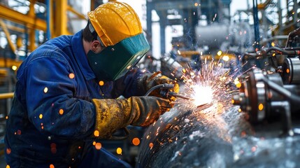 Poster - A man in a yellow helmet is welding a pipe