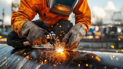 Poster - A man in an orange jacket is working on a pipe, surrounded by sparks