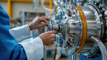 Aufkleber - A man is working on a machine with a yellow and silver casing