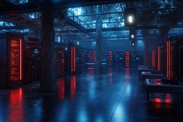 Poster - Futuristic data center design with illuminated technology and lush greenery integration