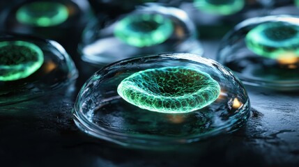 Aufkleber - A group of green spheres are floating in a dark background