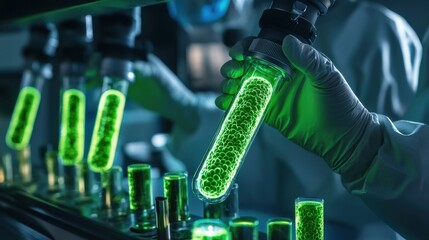 Poster - A person is holding a green tube with a glowing substance inside