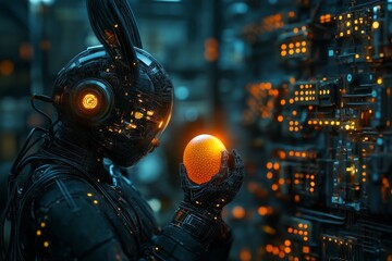 Poster - Robot holding glowing orange sphere in a futuristic setting with illuminated technology