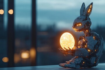Poster - Robot rabbit holds glowing egg in futuristic setting during twilight