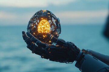 Poster - Robot hand holding glowing orb near the ocean at sunset, symbolizing technology and the future of innovation