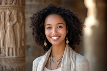 Smiling woman with curly hair posing near ancient columns in a sunny outdoor setting at a historic site