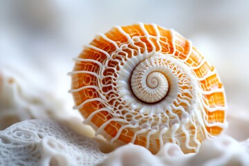 Poster - Unique orange and white shell showcasing intricate spiral patterns on a textured background in natural light