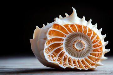 Poster - Unique shell with intricate patterns showcasing natural design and texture on a wooden surface