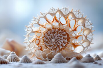 Poster - Intricate seashell showcasing unique patterns on a sandy beach background during golden hour