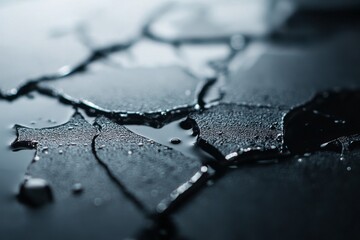 Poster - Moisture droplets collect on a dark surface with cracked patterns in natural light during a calm afternoon hour