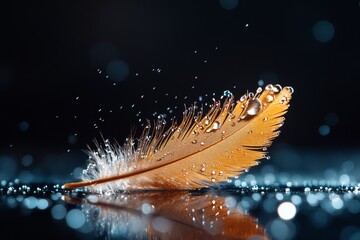 Poster - Soft golden feather resting on a reflective surface with sparkling water droplets glistening under soft light