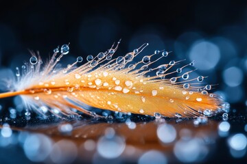 Poster - Delicate orange feather adorned with water droplets resting on a glossy surface during a soft light reflection