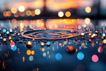Poster - Vibrant reflections of light and water droplets at sunset create a mesmerizing abstract composition