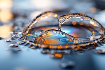 Poster - Water droplets create beautiful reflections on a smooth surface during twilight