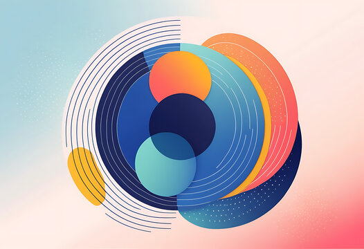 Abstract geometric composition, large blue circle, colorful shapes, vibrant patterns, Memphis style, gradient circles, dotted textures, wavy lines, concentric rings,