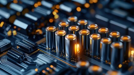 Aufkleber - A close up of a circuit board with many small metal cylinders on it