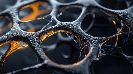 Poster - The image is a close up of a black and orange object with a lot of holes