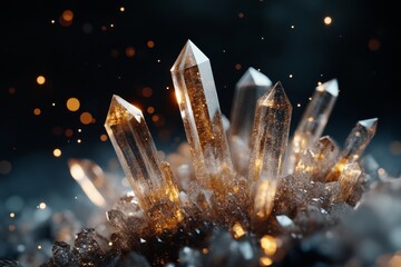 Poster - Beautiful clusters of glittering quartz crystals reflecting light in a mystical setting