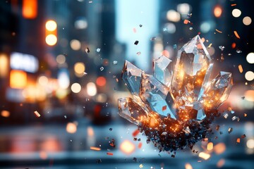 Poster - Beautiful crystal formation glowing in an urban landscape at dusk, surrounded by sparkling fragments