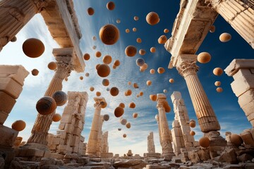 Poster - Mysterious orbs float among ancient ruins under a dramatic sky