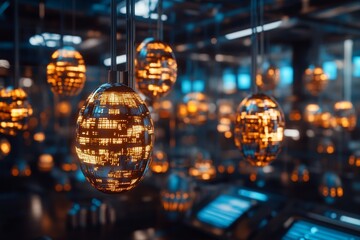 Aufkleber - Hanging illuminated orbs create a futuristic ambiance in a high-tech environment