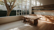 © Moon & Co - Cuisine minimaliste japonaise avec table en bois massif et grande baie vitrée