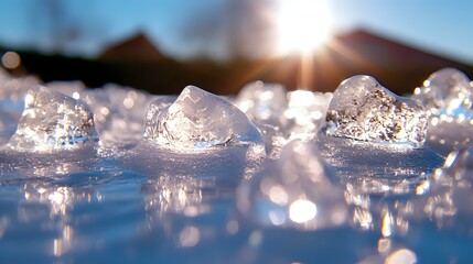 Poster - Sparkling ice crystals catching morning sunlight with bokeh effect and lens flare, close-up view of frozen water surface creating natural winter background.