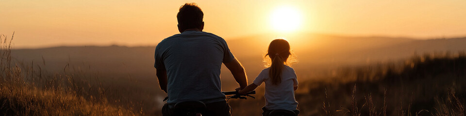 Wall Mural - Man and Child on Bicycles at Sunset