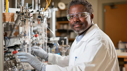 Poster - A man in a lab coat is smiling and working on an experiment