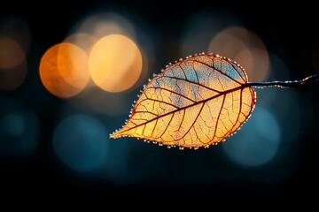 Wall Mural - Detailed close-up of a water droplet adorned leaf with a glowing backdrop at dawn