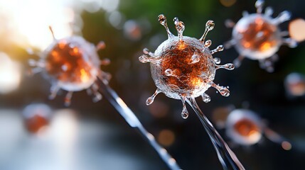 Poster - Microscopic view of virus cell structure with spiky surface proteins floating in dark space, illuminated against blurred background for medical and scientific concepts.