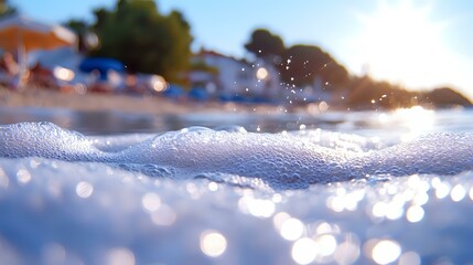 Poster - Gentle ocean foam creates dreamy bokeh effect at sunset, with soft waves and water droplets sparkling in golden hour light on tropical beach.