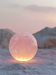 Poster - Glowing translucent sphere on rocky terrain against mountain silhouettes at dusk, emitting soft pink and golden light in mystical atmospheric scene.