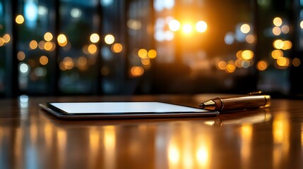 Poster - Digital tablet and stylus pen on wooden table with blurred city lights bokeh background at night, modern business workspace atmosphere.