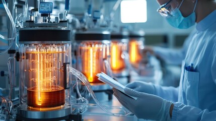 Poster - A scientist is working in a lab with a notebook and a pen