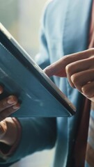 Poster - Scroll, tablet and hands of business person in office for email response, connection and client feedback. Chat, notification and typing with closeup of employee for schedule, update and online news