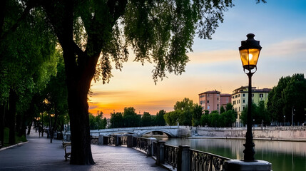 Wall Mural - Pedestrian street along river at sunset; lamppost glows as light floods the sky for relaxation, tourism, or urban planning inspiration