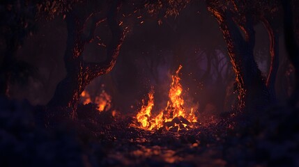 Aufkleber - Dramatic forest fire scene with glowing embers dancing flames and billowing smoke casting an intense moody atmosphere under the darkness of nightfall in the wild outdoor environment