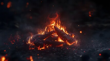 Poster - Dramatic glowing campfire lighting up the dark night sky casting a warm glow over the wilderness landscape  Cozy and rustic scene with burning logs flames and sparks against a backdrop of stars