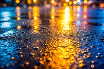 Wall Mural - city lights reflected in rain on wet asphalt street