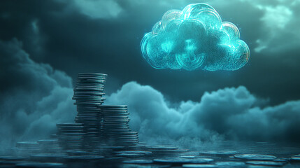 Poster - A stack of coins with a glowing digital cloud above, representing the concept of cloud computing, digital finance, or cryptocurrency in a futuristic and technological setting.