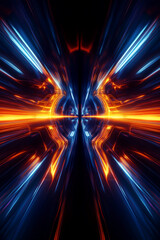 Poster - Abstract futuristic neon tunnel with blue and orange light streaks. This image symbolizes digital speed, energy, and modern technology, representing the concept of sci-fi and virtual space.